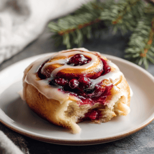 Fluffy cinnamon roll with berry jam and icing on white plate.