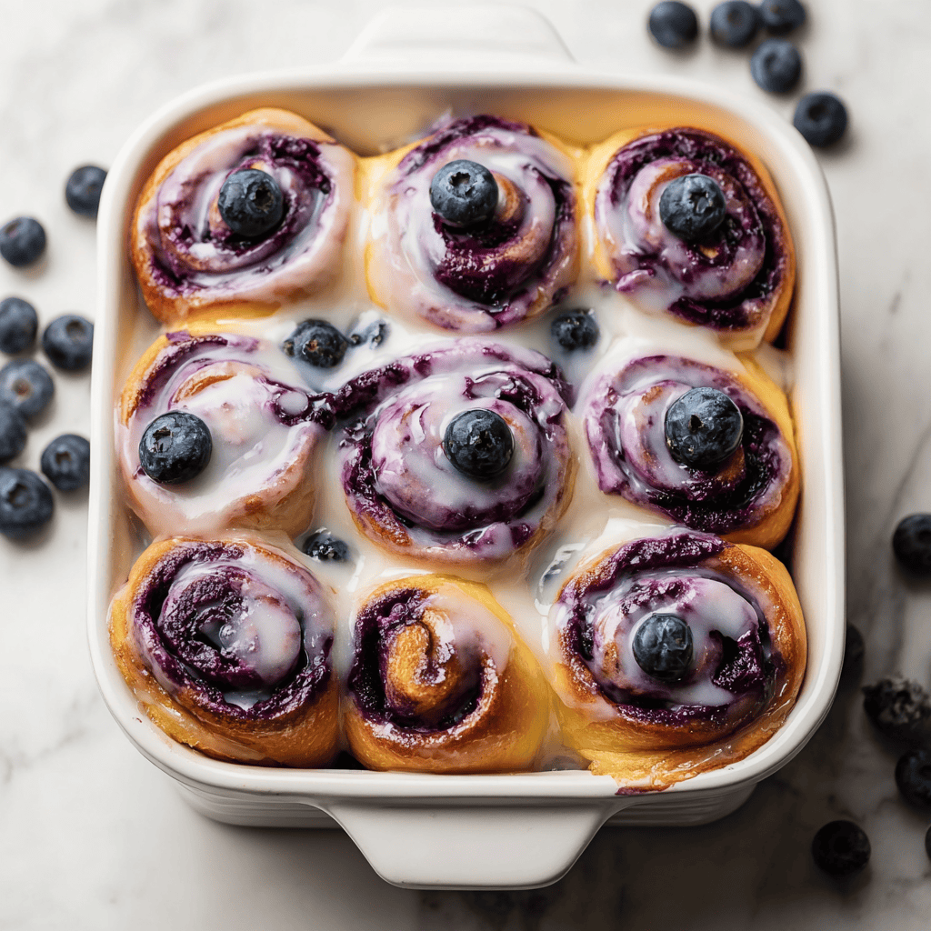Purple blueberry cinnamon rolls with icing in a white baking dish.