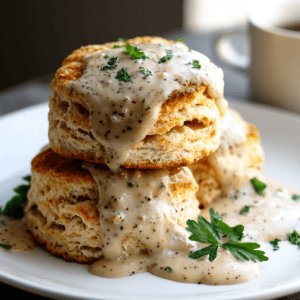 Creamy pepper gravy poured over flaky buttermilk biscuits, perfect for breakfast or brunch.