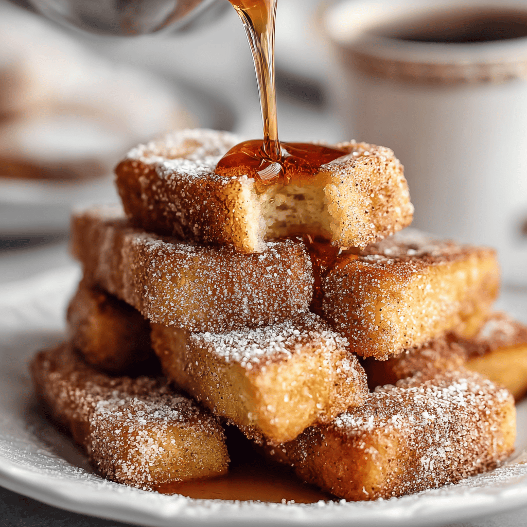 Golden French Toast Sticks drizzled with maple syrup and dusted with powdered sugar. Perfect breakfast or dessert idea.