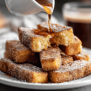 Golden French toast sticks with syrup drizzling, sweet breakfast dessert, crispy and fluffy, perfect for brunch or snacks.