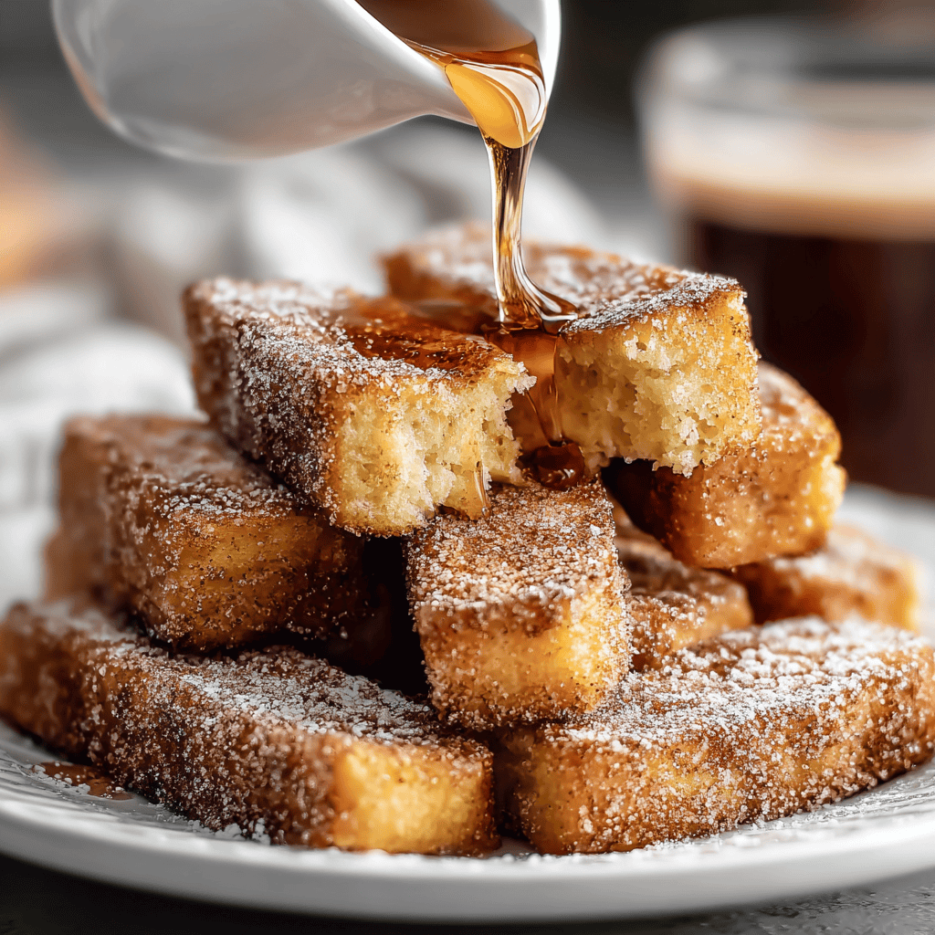 Golden French toast sticks with syrup drizzling, sweet breakfast dessert, crispy and fluffy, perfect for brunch or snacks.