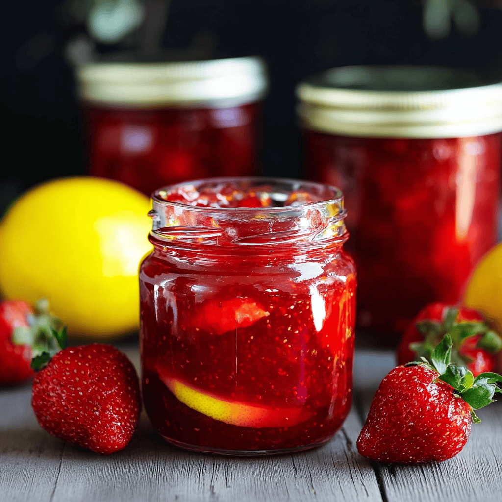 Fresh homemade strawberry jam in a glass jar with strawberries and lemons around it.