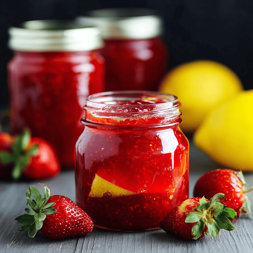 Sweet strawberry jam with fresh fruit in glass jars and lemons on dark wooden background.