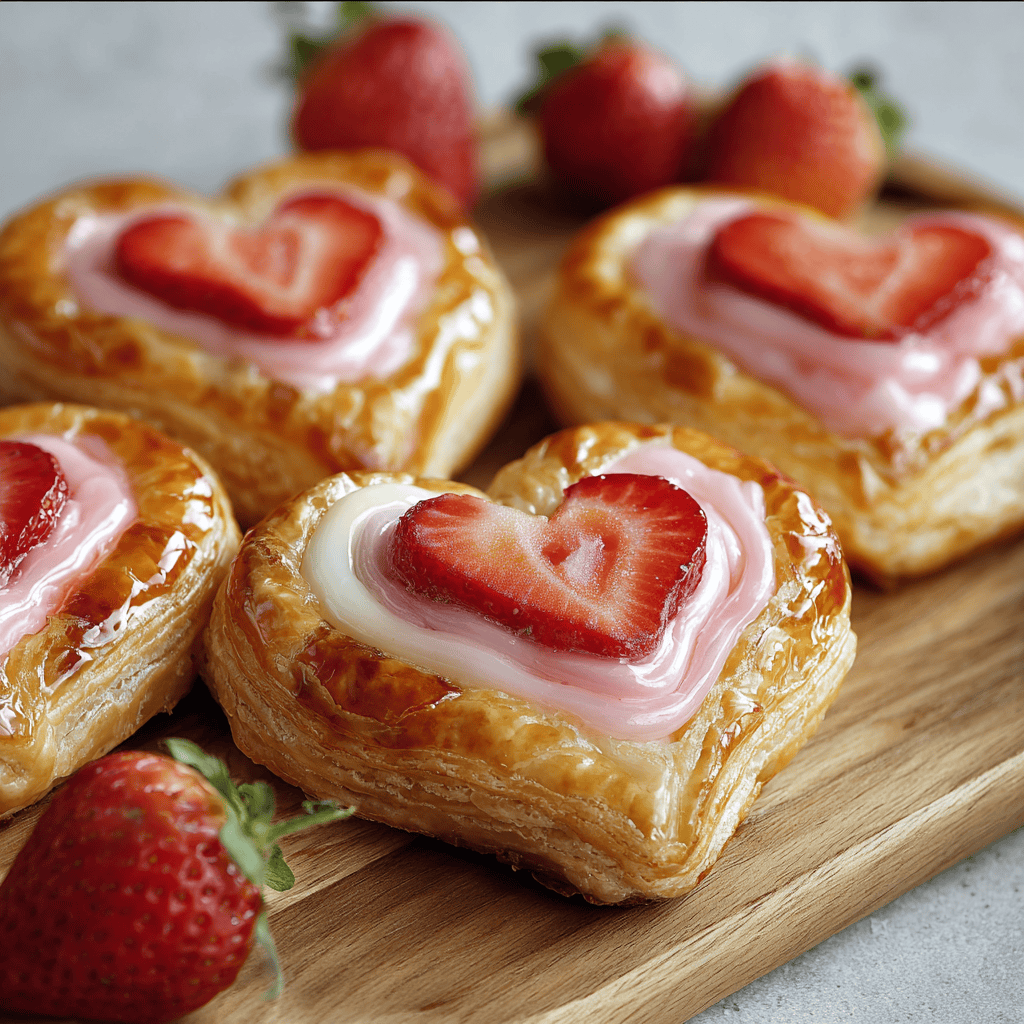 Delicious strawberry heart-shaped puff pastries with creamy filling on wooden board.