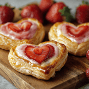 Heart-shaped strawberry Danish pastries ready to serve, fresh strawberries on a wooden platter, perfect for breakfast or dessert, from dessertrecipesblog.de.