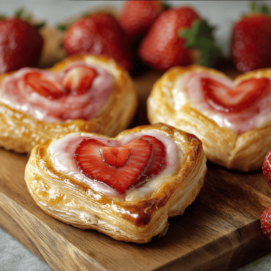 Heart-shaped strawberry Danish pastries ready to serve, fresh strawberries on a wooden platter, perfect for breakfast or dessert, from dessertrecipesblog.de.
