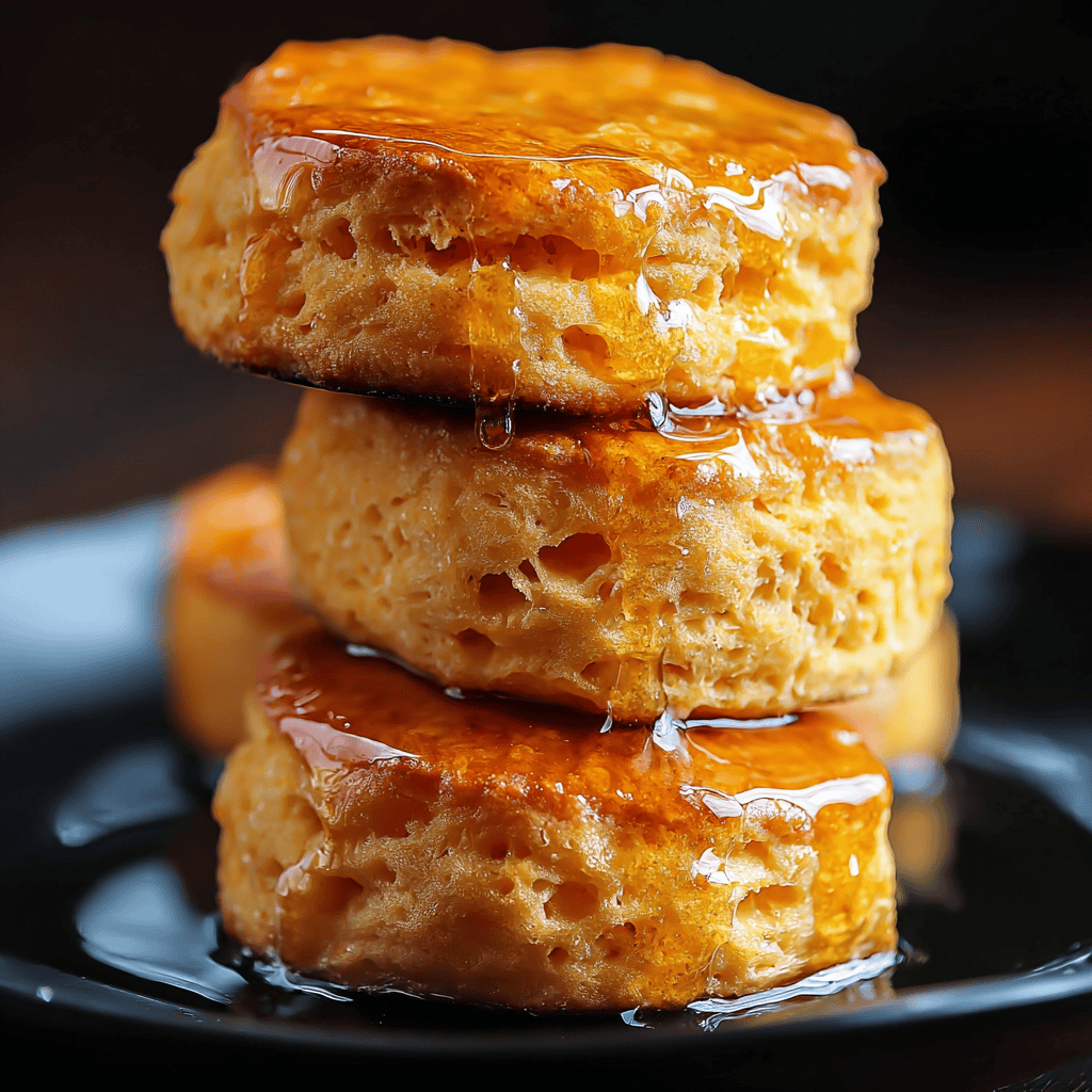 Fluffy honey-glazed sponge cake stacking, close-up with caramel syrup drizzle.