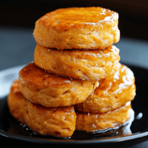 Buttery caramel glazed biscuits stacked on black plate, close-up.