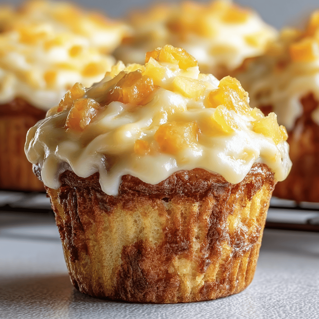 Savory pineapple coconut cupcake with creamy frosting and fruit topping.