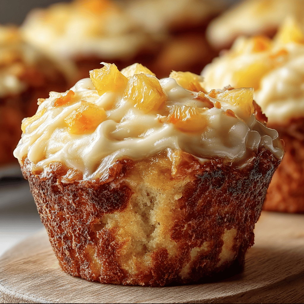 Sweet pineapple topping muffin close-up, delicious dessert recipe with tropical fruit topping.