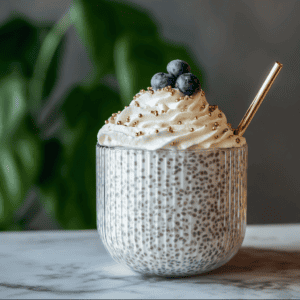 Sweet blueberry chia pudding in a glass with whipped cream and edible gold pearls.