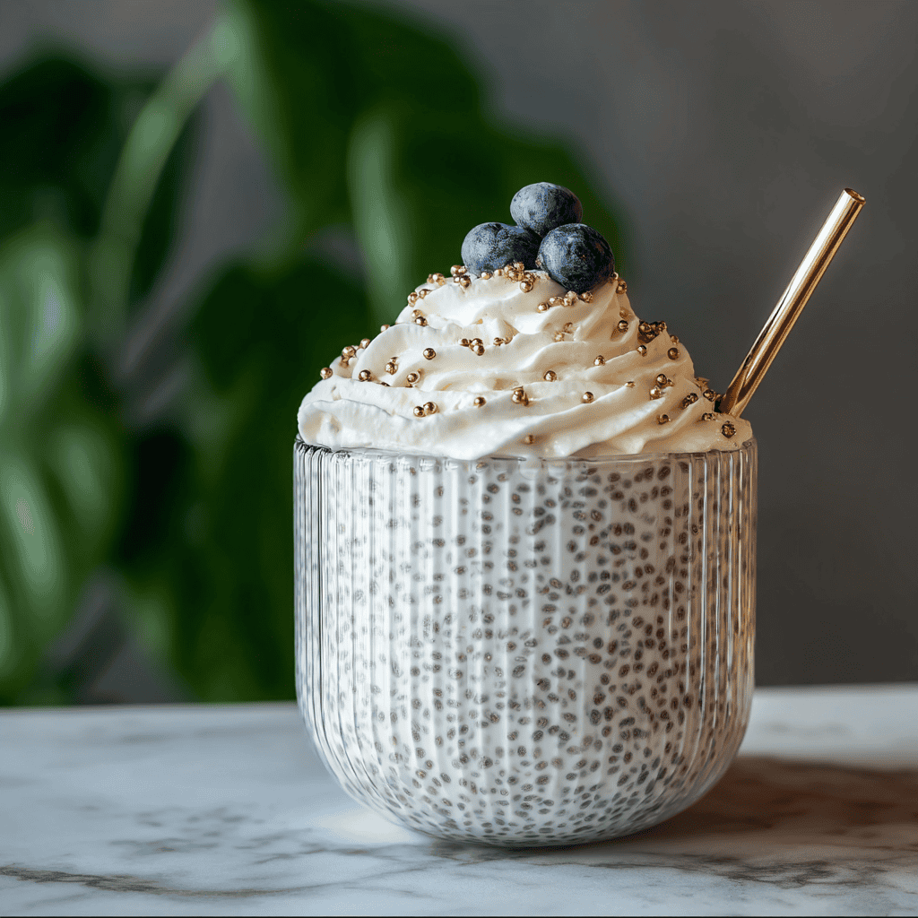 Sweet blueberry chia pudding in a glass with whipped cream and edible gold pearls.