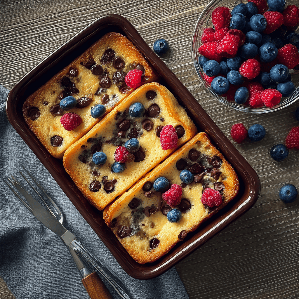 Chocolate chip vanilla cake with fresh berries in a baking dish and a bowl of mixed raspberries and blueberries.