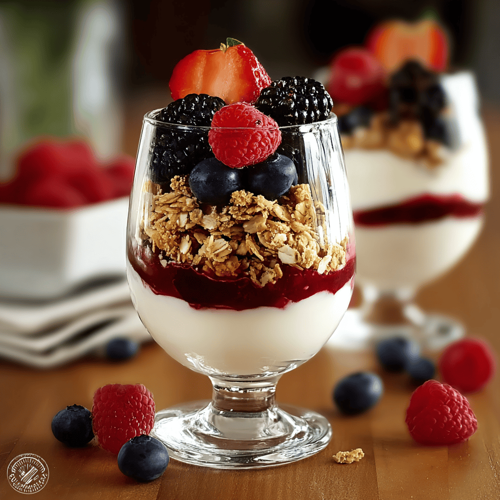 Fresh berry yogurt parfait with granola in a glass.