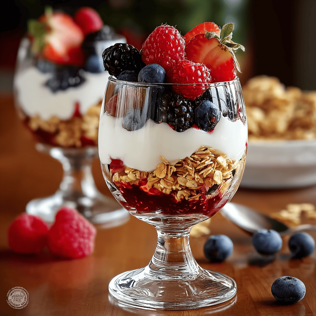 Fresh berry parfait with granola, yogurt, and mixed berries on a glass dessert bowl.