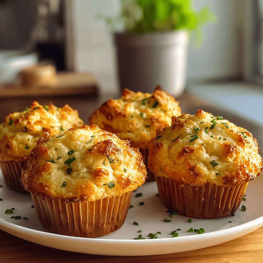 Golden cheesy cauliflower muffins, baked to perfection, garnished with fresh chives, on a white plate.