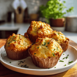 Savory cheese and chive muffins on a white plate. Perfect for breakfast or snack. Delicious, easy recipe from dessertrecipesblog.de.
