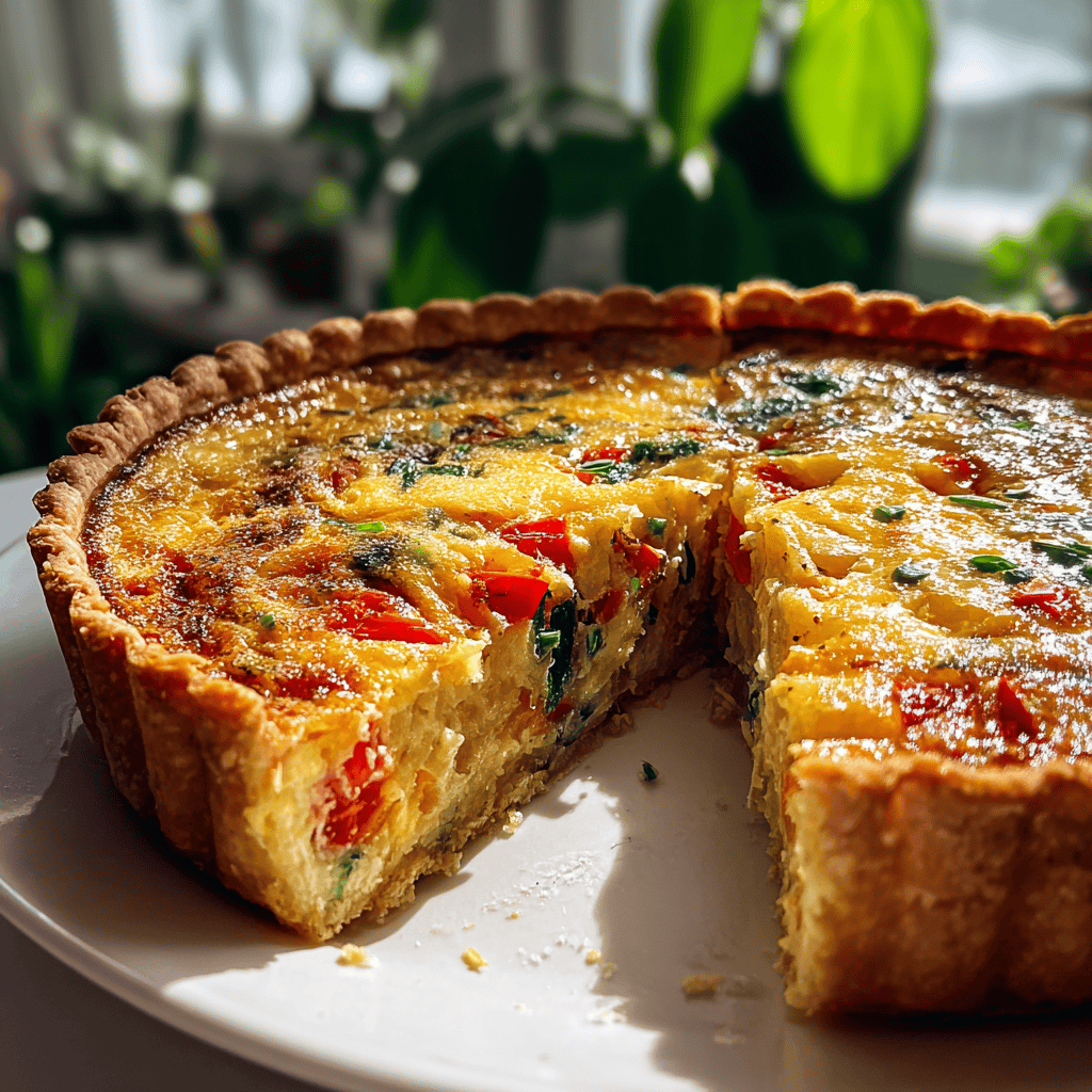 Creamy vegetable quiche with colorful peppers and herbs, served on a white plate.