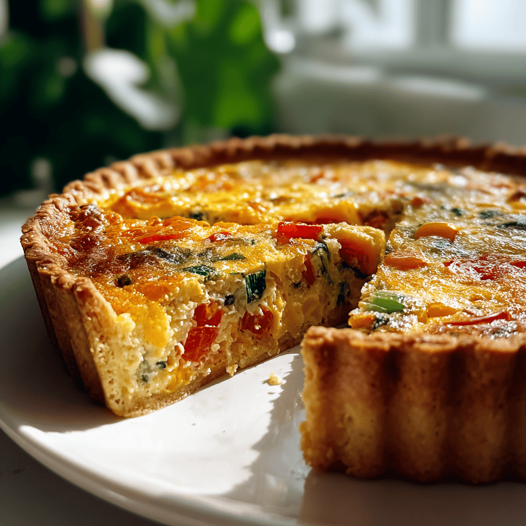 Delicious vegetable quiche with a golden crust and colorful fillings, perfect for breakfast or brunch.