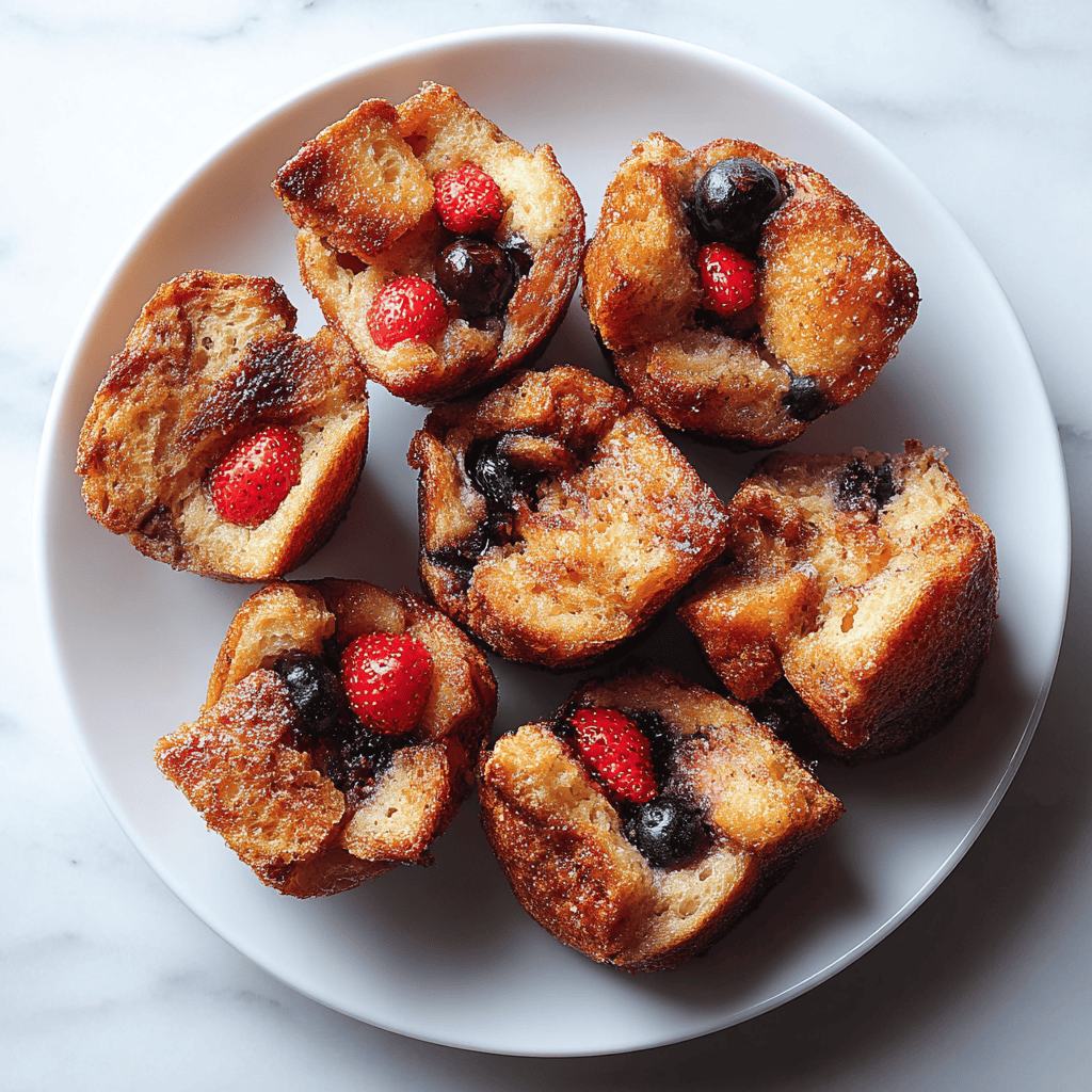 Delicious French toast casserole with berries on white plate for breakfast or brunch.