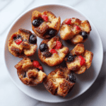 Fresh berry muffins with blueberries and strawberries on a white plate, perfect for breakfast or dessert.