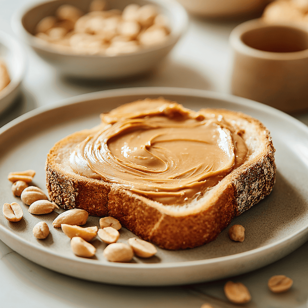 Creamy peanut butter on toasted bread with peanuts on side, perfect for breakfast or snack.