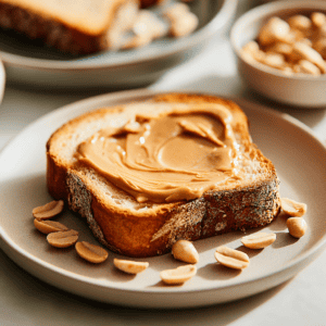 Creamy peanut butter on toasted bread with sliced peanuts, perfect for a delicious snack or breakfast.