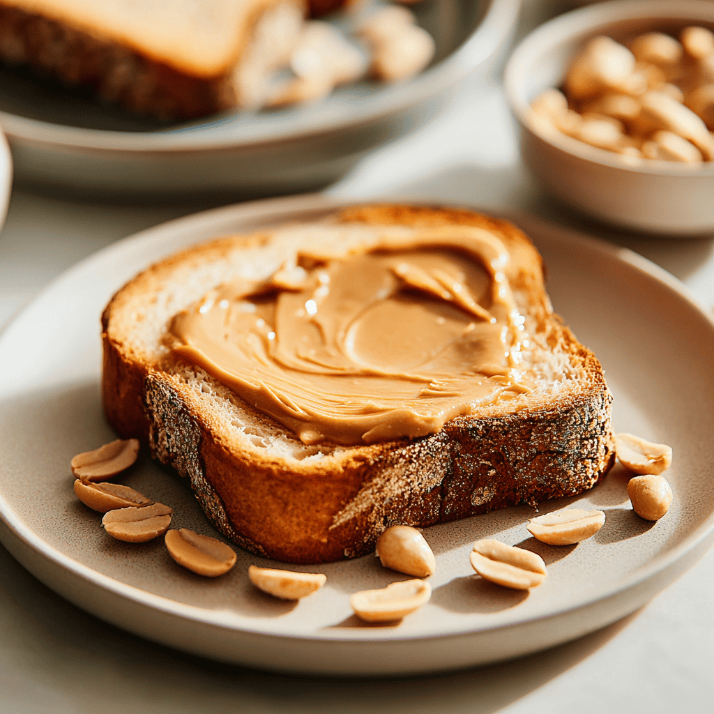 Creamy peanut butter on toasted bread with sliced peanuts, perfect for a delicious snack or breakfast.