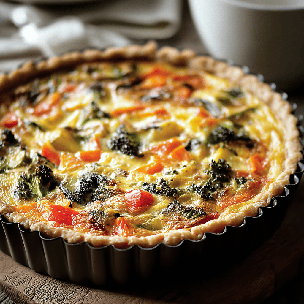Savory vegetable quiche with broccoli, tomatoes, and cheese in a flaky pie crust.