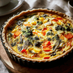 Savory vegetable quiche with colorful carrots, spinach, and cheese in a crispy pie crust. Perfect for brunch or dinner.