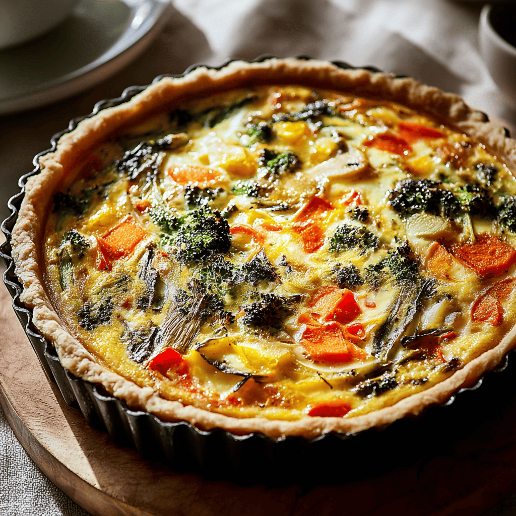 Savory vegetable quiche with colorful carrots, spinach, and cheese in a crispy pie crust. Perfect for brunch or dinner.