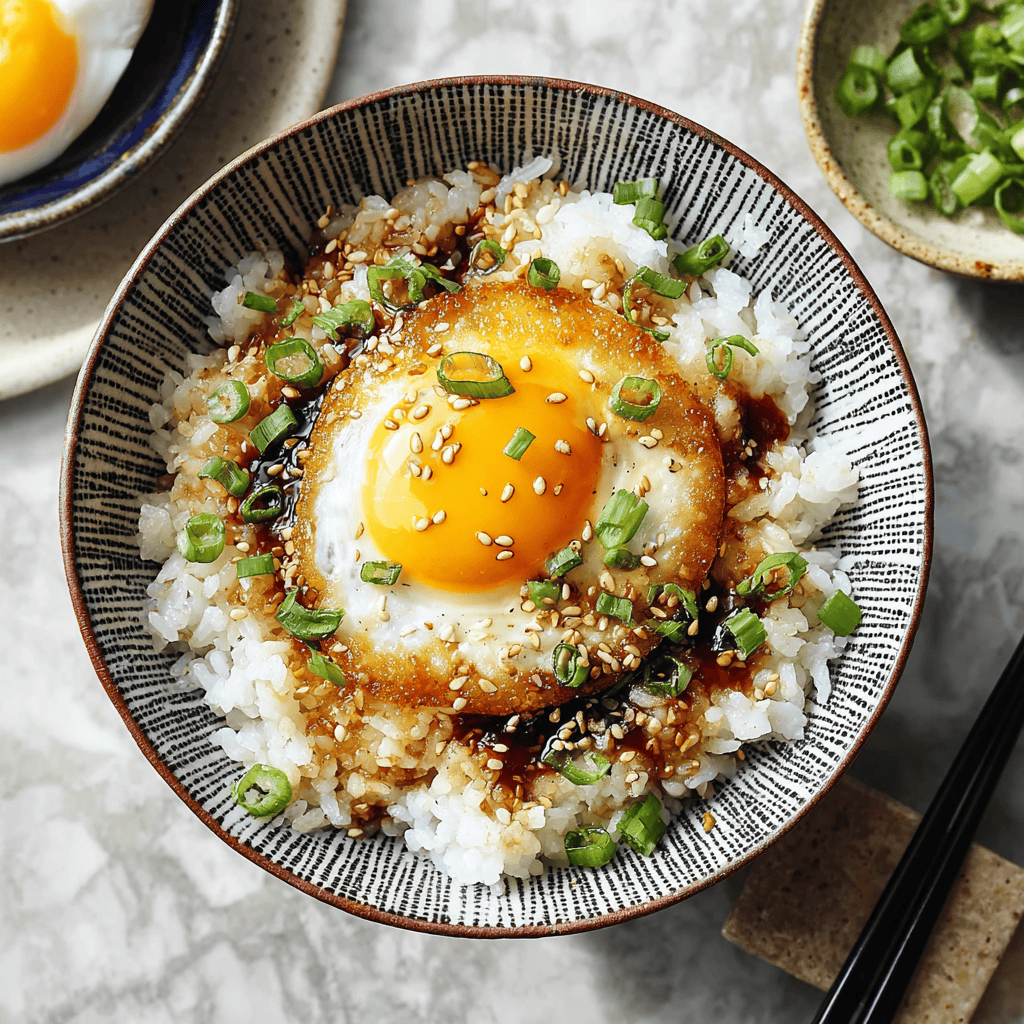 Japanese rice bowl with fried egg, green onions, sesame seeds, and soy sauce on marble surface, close-up.