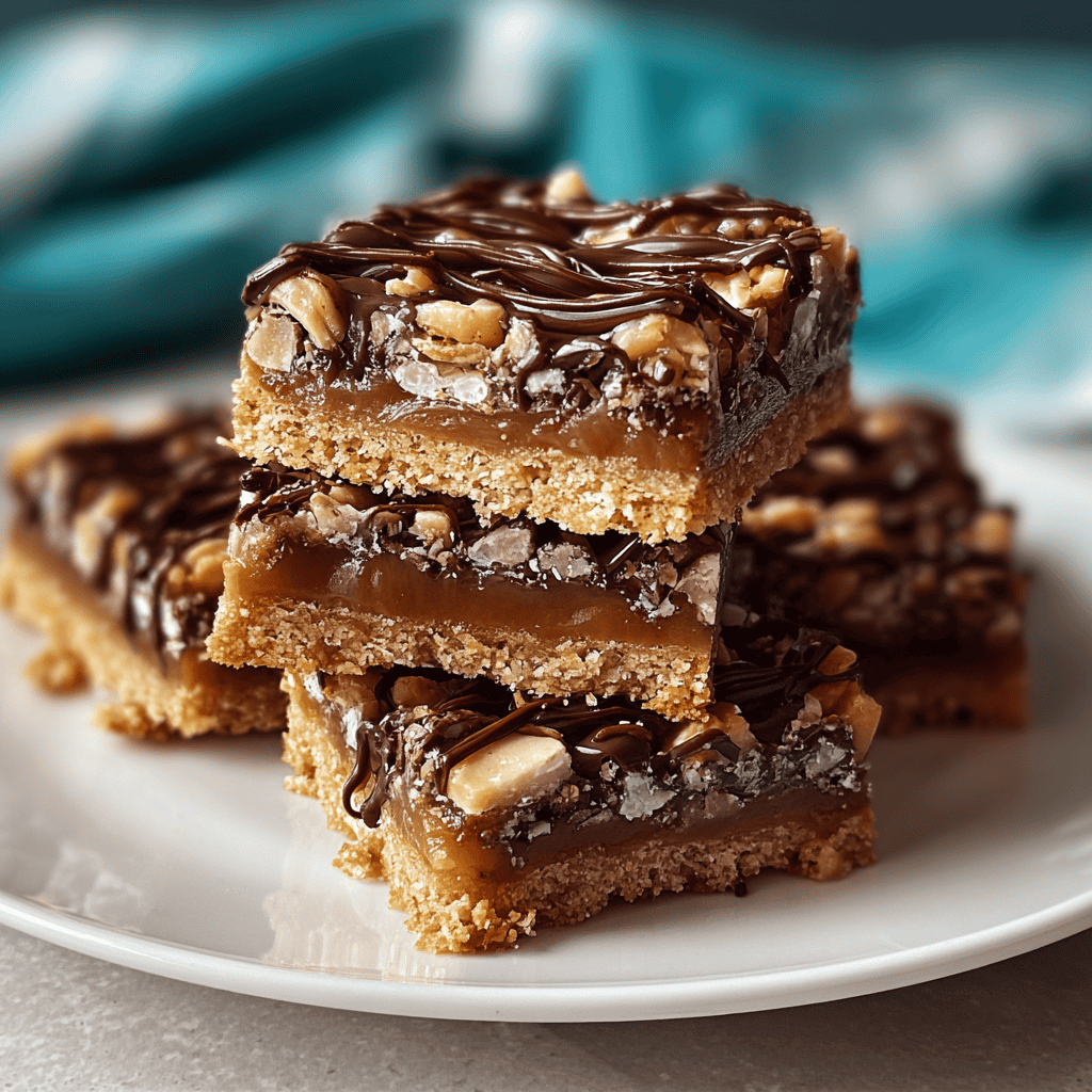 Delicious layered caramel and chocolate dessert bars with nuts on a white plate.