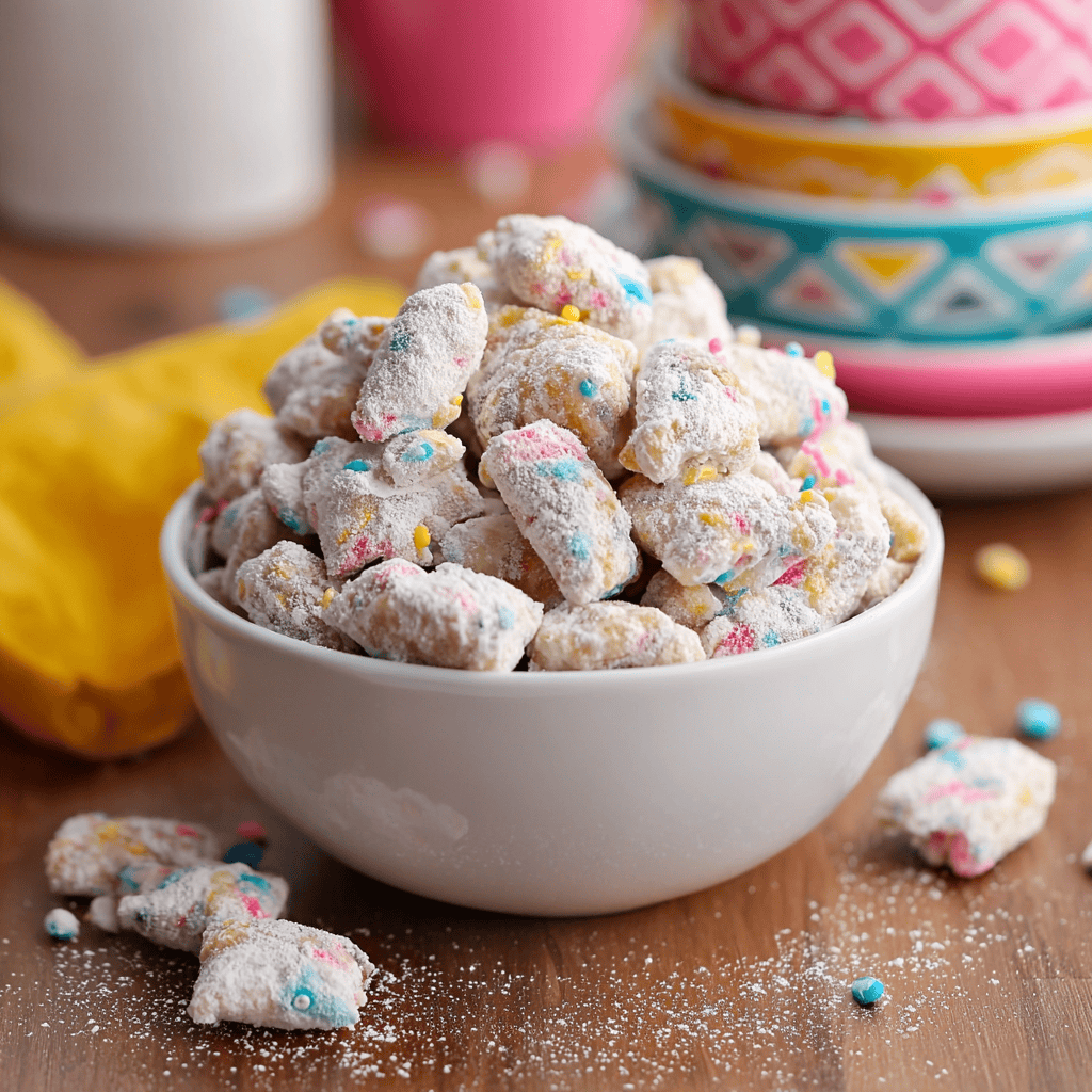 Colorful powdered sugar cookies with sprinkles in a white bowl.