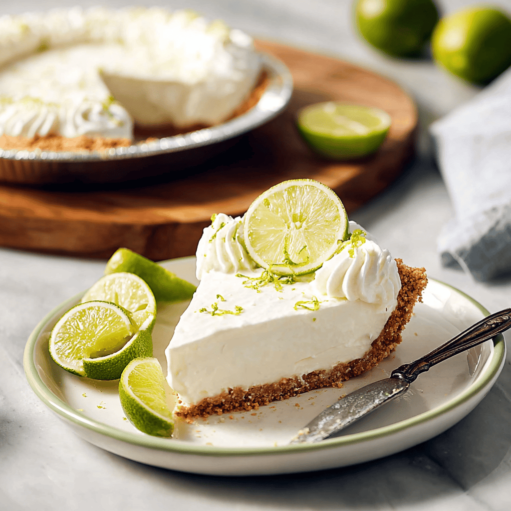 Lemon lime cheesecake with fresh lime wedges and a graham cracker crust, perfect for dessert.