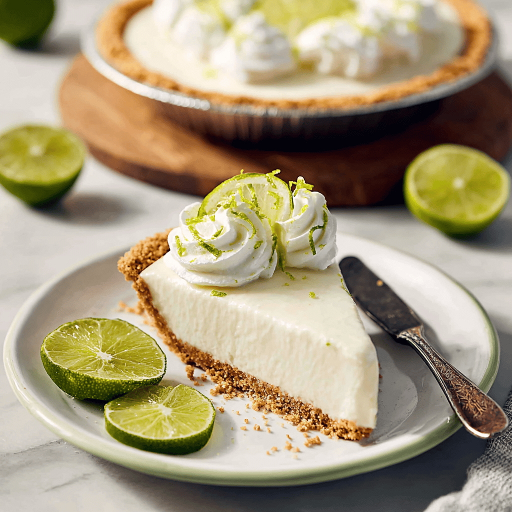 Lime cheesecake with whipped cream and lime slices on a white plate.