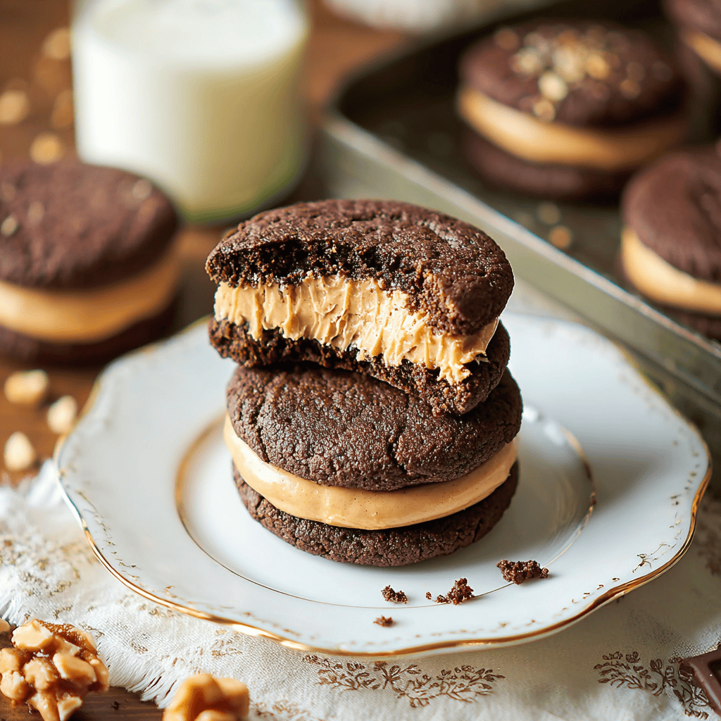 Chocolate and peanut butter cookie sandwiches with creamy filling, perfect for dessert lovers.