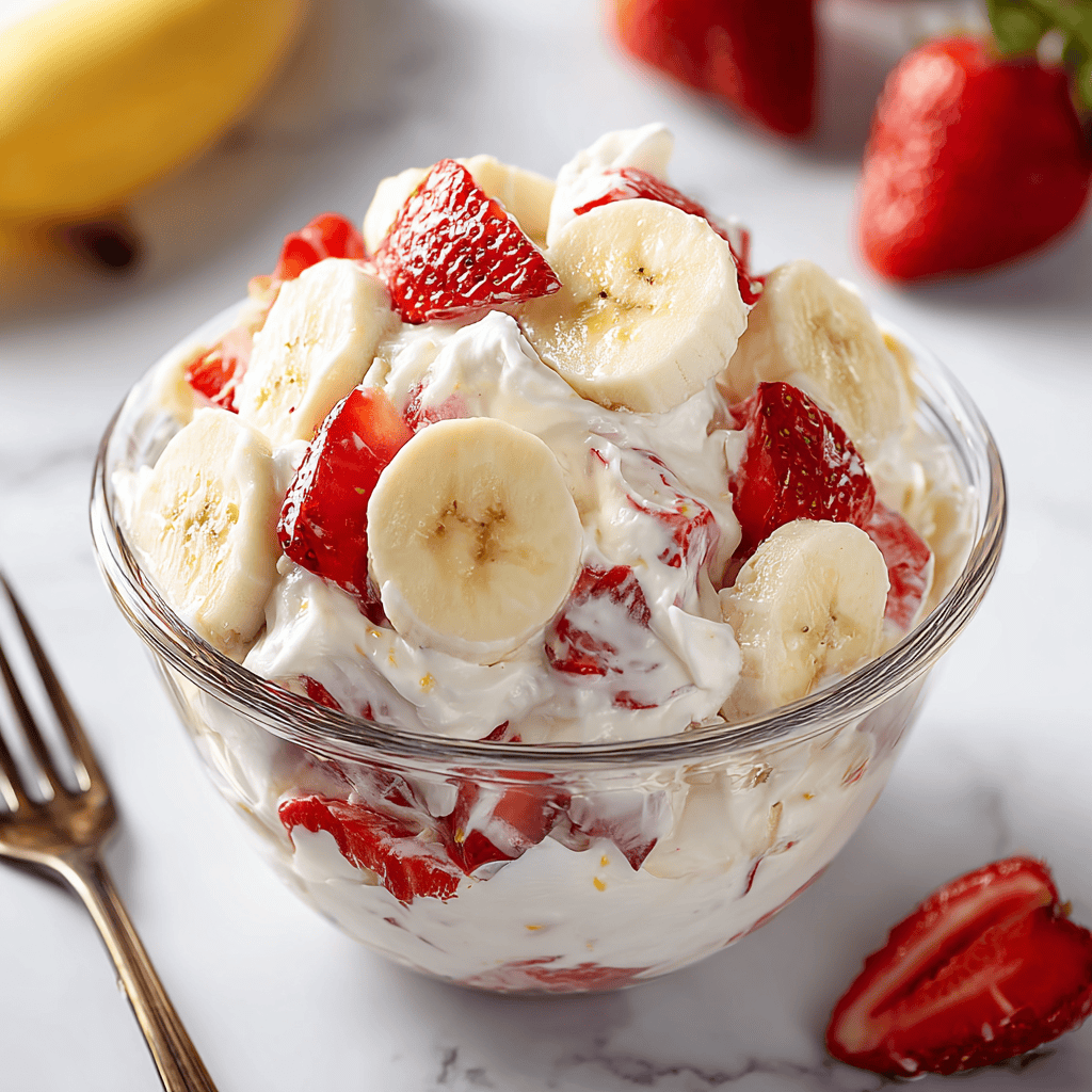 Fresh banana and strawberry fruit salad with creamy yogurt in a glass bowl.