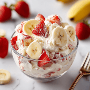 Fresh strawberry and banana fruit salad with creamy yogurt dressing - healthy dessert recipe.