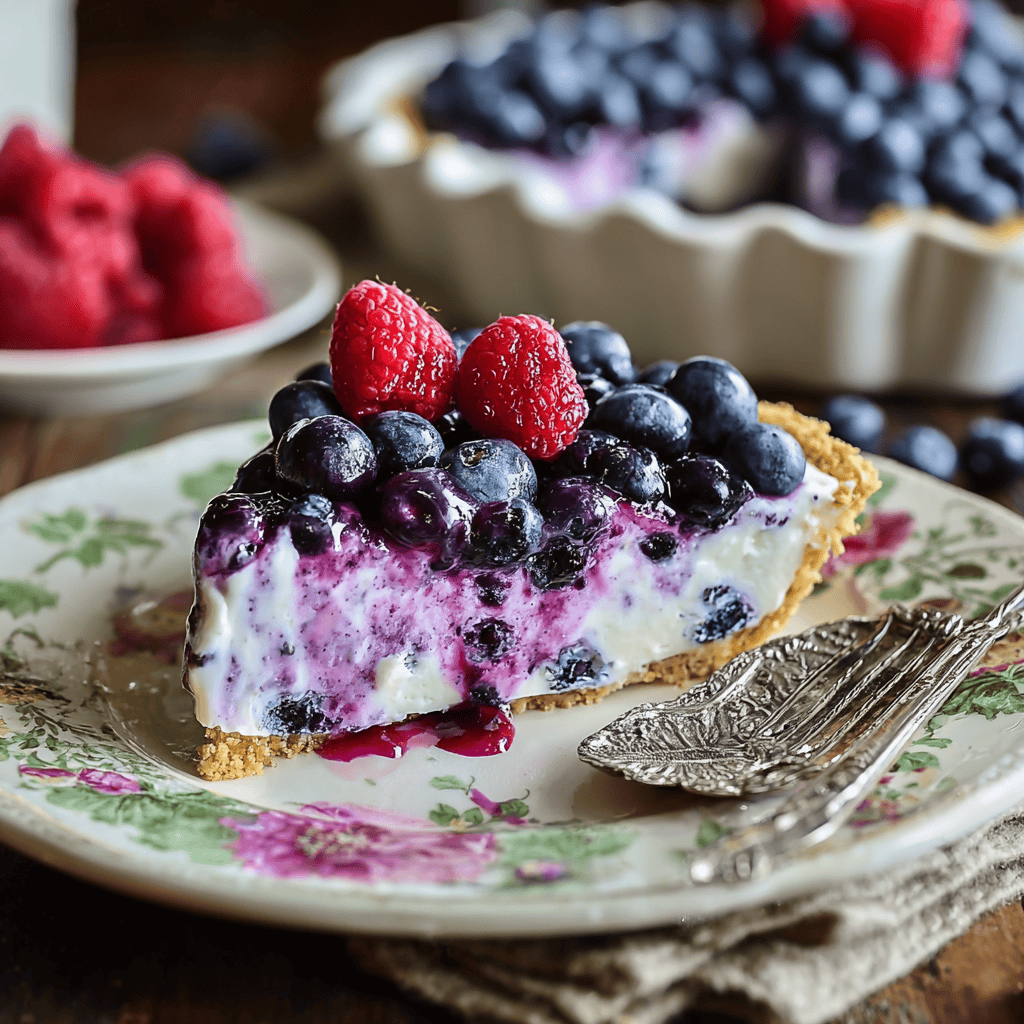 Fresh berry cheesecake topped with raspberries and blueberries on a vintage plate.