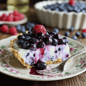 Fresh blueberry and raspberry cheesecake on vintage floral plate, perfect summer dessert.