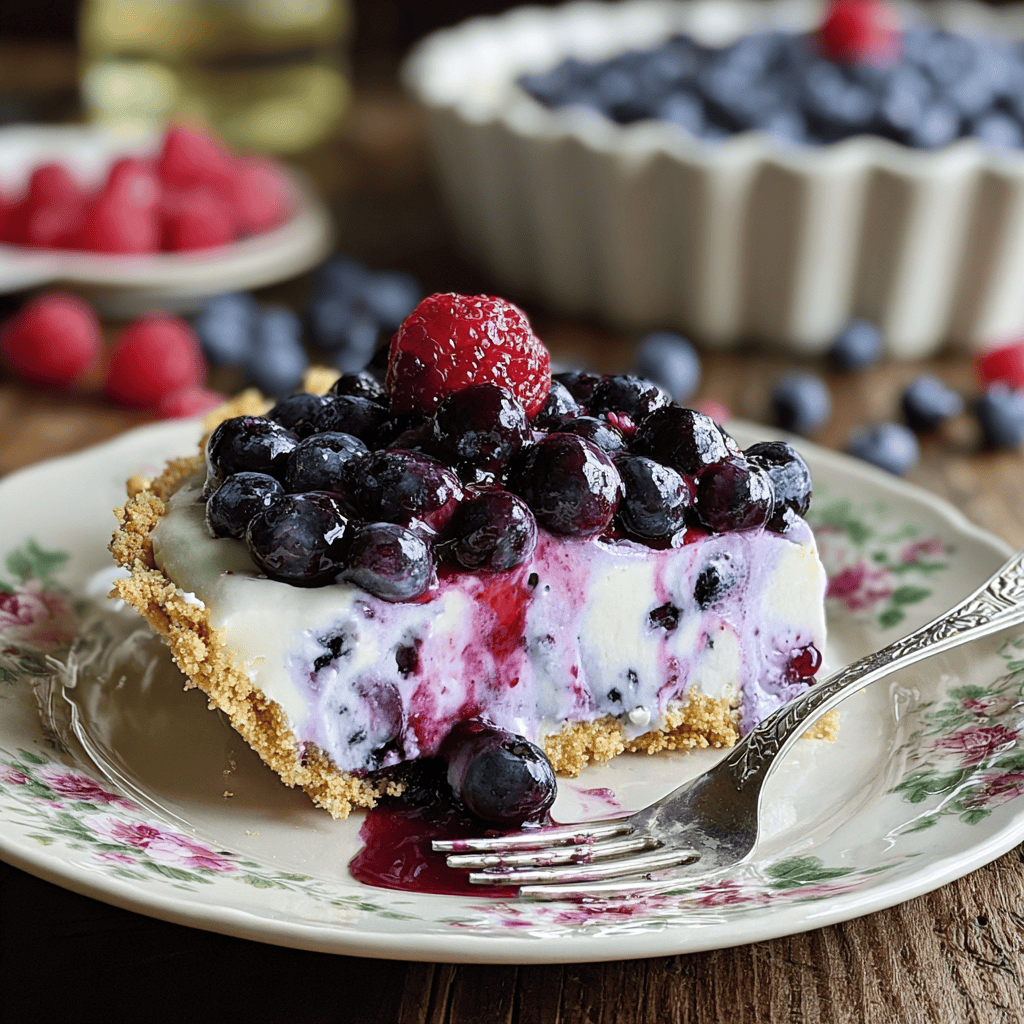 Fresh blueberry and raspberry cheesecake on vintage floral plate, perfect summer dessert.