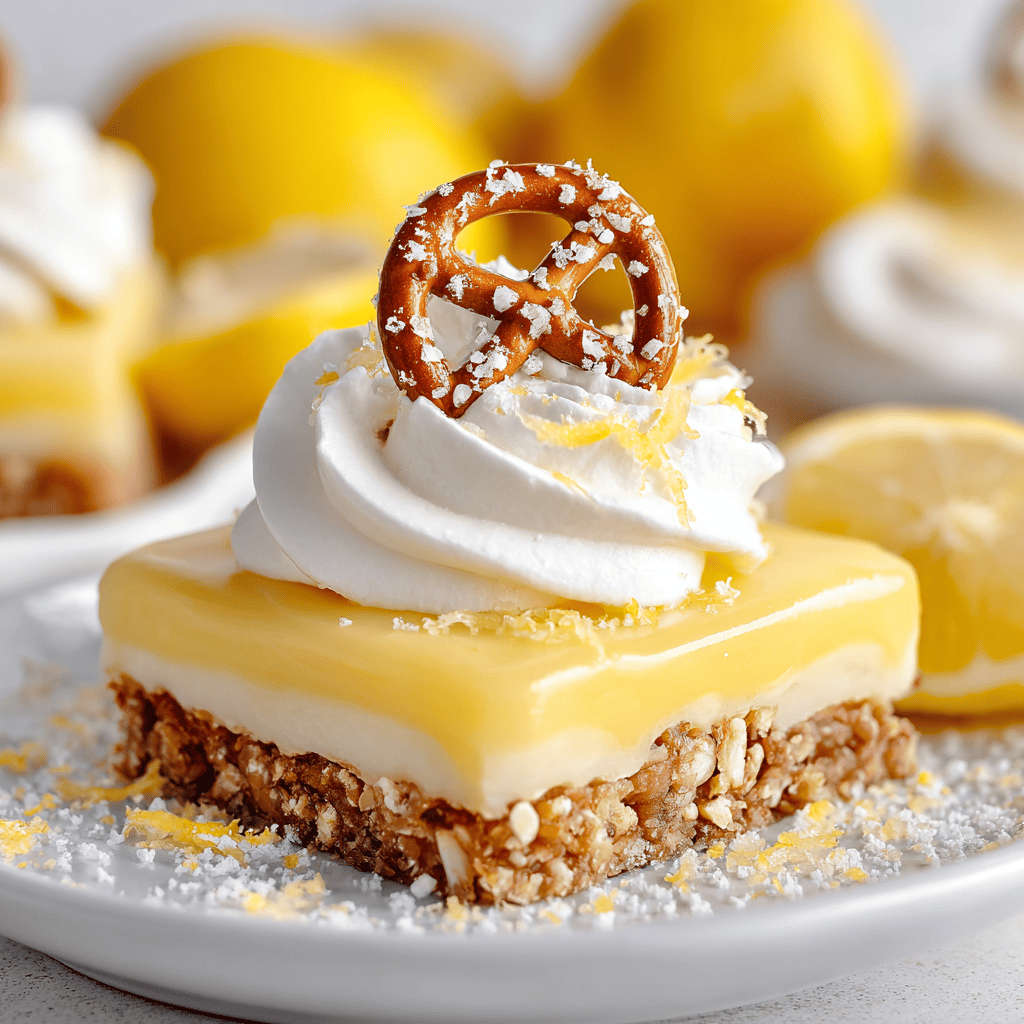 Lemon cheesecake bar with whipped cream and pretzel garnish.