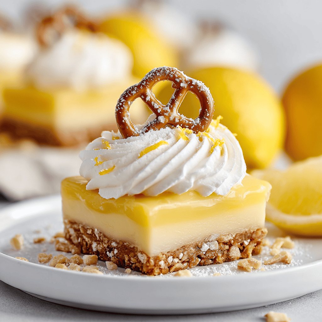 Sweet Lemon Cheesecake Slice with Whipped Cream and Pretzel Topping.