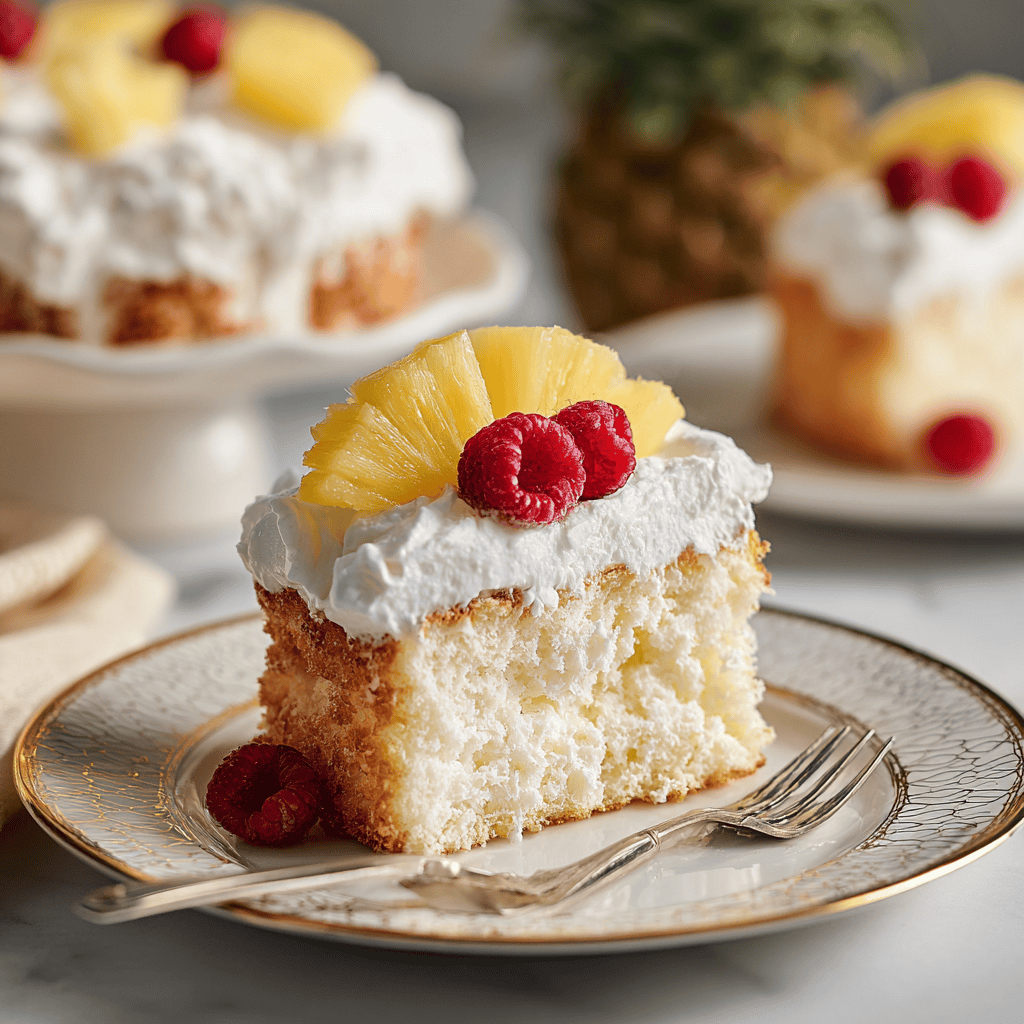 Fresh pineapple upside-down cake with whipped cream and raspberries on a decorative plate.