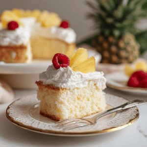 Fluffy pineapple cake with whipped cream and fresh fruit topping.