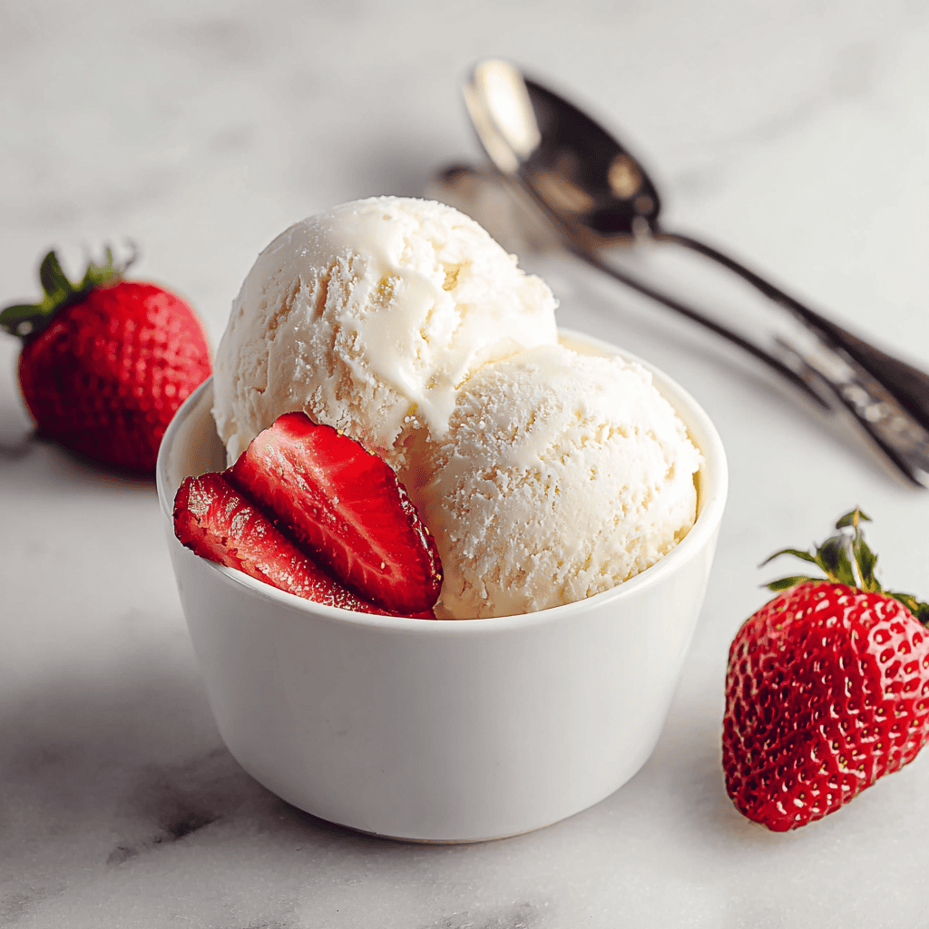 Creamy vanilla ice cream with fresh strawberries in a white bowl. Perfect for summer dessert recipes.
