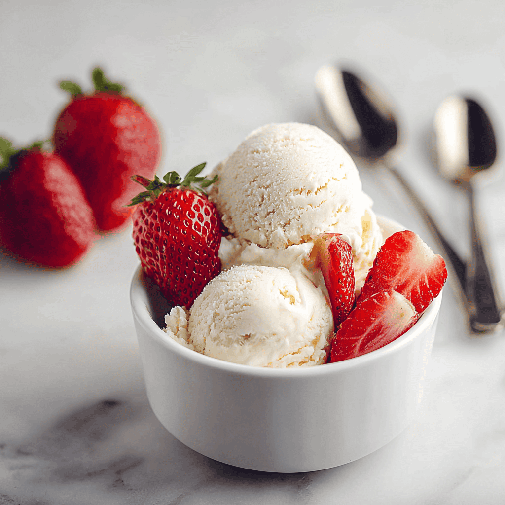 Fresh strawberry ice cream with sliced strawberries in a white bowl on a marble surface.