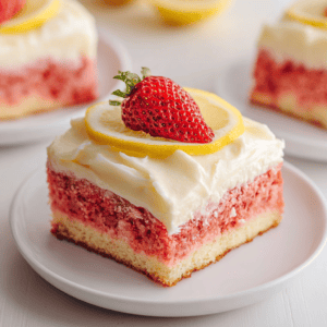Fresh strawberry lemon cake with creamy frosting and garnished with a strawberry and lemon slice.